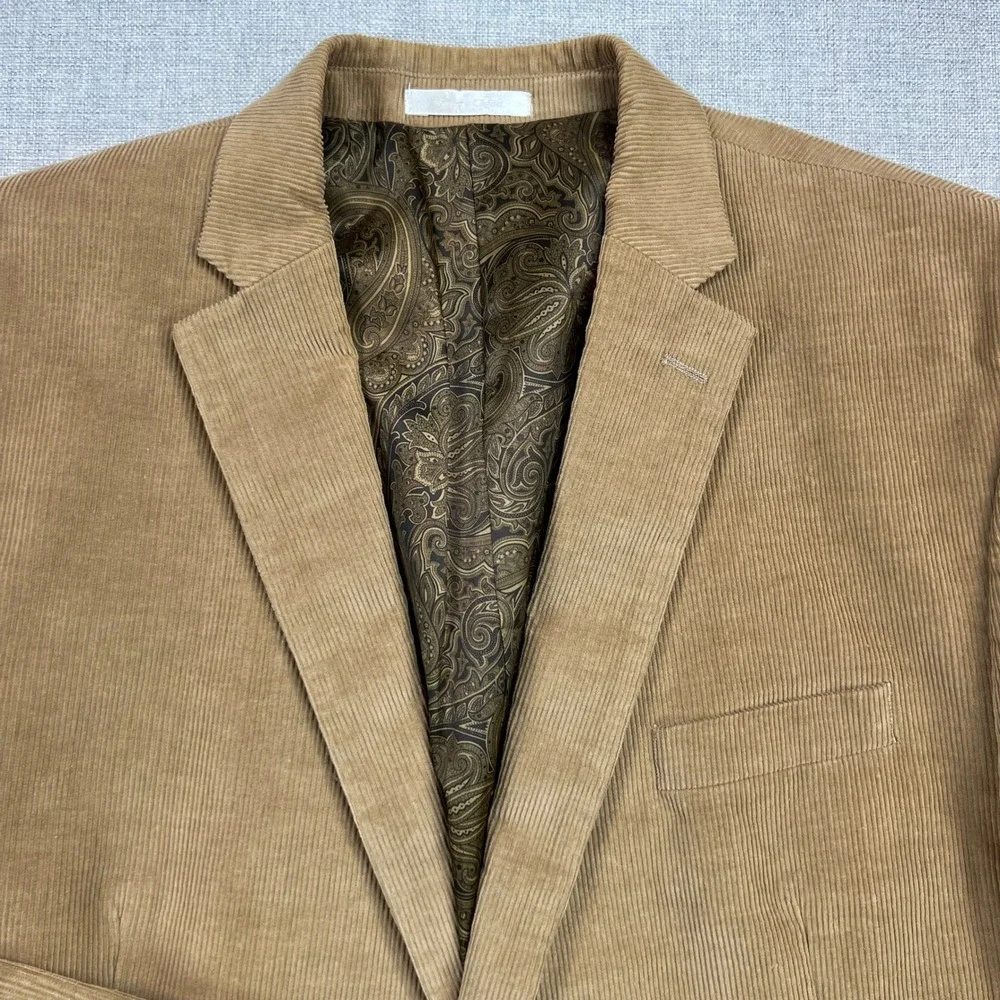 Chaps Corduroy Sport Coat Men 48L Camel Tan Cotton Paisley Lined Blazer Academia